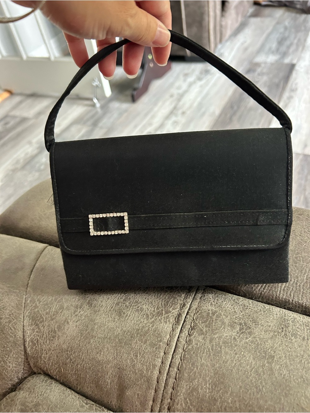 4/$100 Elegant Black Satin Evening Handbag with Rhinestone Accent purse